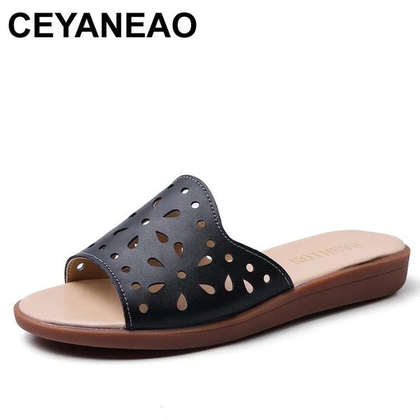 

ceyaneao woman summer vintage sandals open toe soft genuine leather women's flip flops breathable hollow female flats slippers, Black