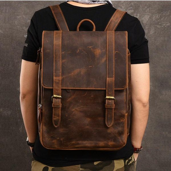 

backpack men's crazy horse leather handmade original genuine large capacity lapcomputer vintage school bag