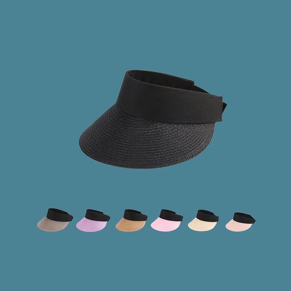 

wide brim hats summer empty suncap foldable magic tape roll-up beach hat women sun fashion casual straw uv protection cap 1pc, Blue;gray
