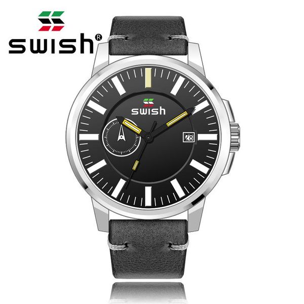 

2021 swish fashion brand men's wristwatch leather waterproof calendar sport clock casual quartz watch male relojes lujo, Slivery;brown