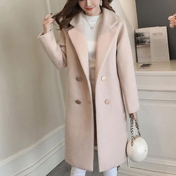 

women work solid vintage winter office long sleeve button woolen jacket coat woolen simple coat elegant lady long blend coaty912, Black