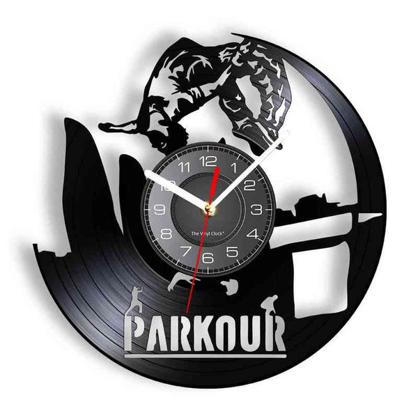 Parkour Wall Jumping Vinyl Record Wall Clock Acrobat Gymnast Home Decor Teen Boy Extreme Sports Art Freerunning Freerunner Gift H1230