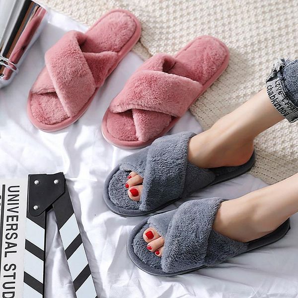 

slippers 2021 women fuzzy faux fur fluffy flip flops open toe cozy house slides soft plush anti-slip indoor floor flat shoes, Black