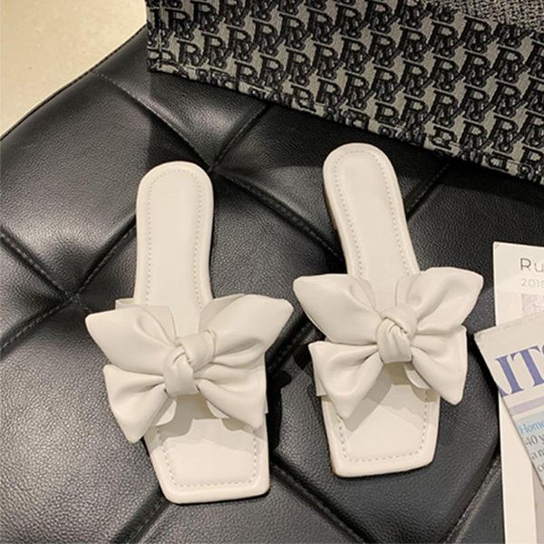 

slippers 2021 summer women flat home shoes non-slip bow decoration leather outdoor ladies open toe beach, Black