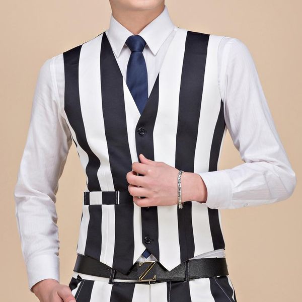 

men's vests fashion casual plus size 5xl black white stripe suit vest nightclub dj singer stage waistcoat gilet dress for men