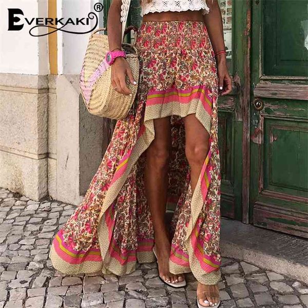 Everkaki Boho Imprimir Saias Longas Mulheres Verão Beach Bottoms Cintura Elástica Gypsy Soméstica Senhoras Somadia Saia Feminino Vestuário 210629