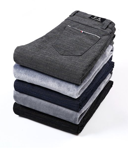 

2021 new brand men's winter fleece ff thicken warm casual pants men business straight elastic thick plaid cotton gray trousers male he1, Black