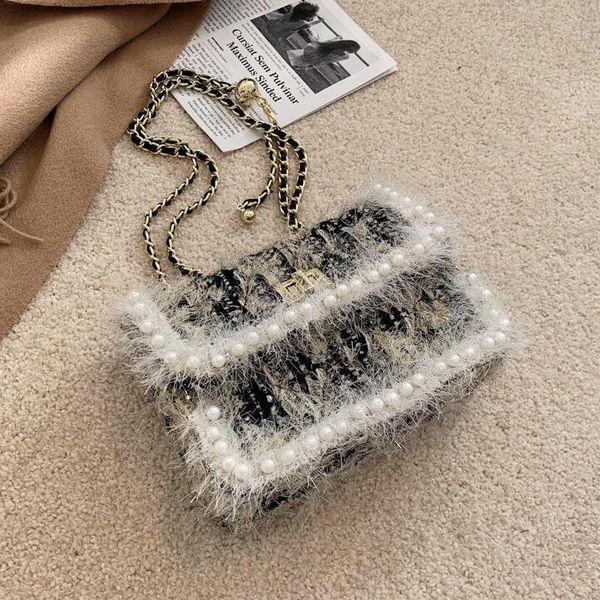 

women handbag sweet little fresh stripes mao maos chain bag winter plush shoulder handbags fashionable pearl decorative womens messenger bag, Black;red