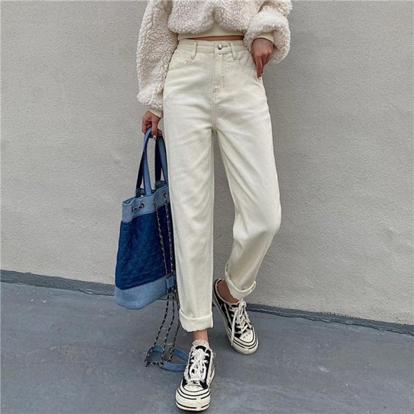 

women's jeans vintage winter warm fleece 2021 chic straight ankle-length pants high waisted white denim plus size, Blue