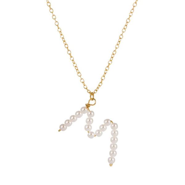 

pendant necklaces initial letters necklace women white pearl beads chain fashion long big boho statement collier femme, Silver