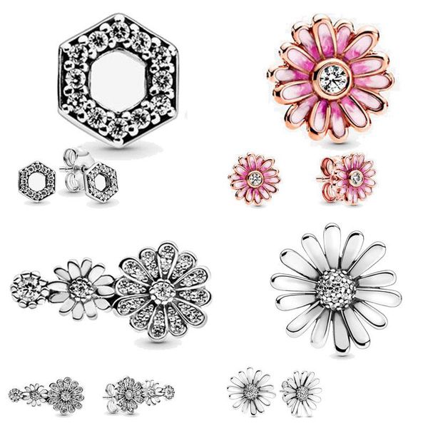 

stud fashion 100% 925 sterling silver earrings pink daisy flower women anniversary engagement jewelry gift, Golden;silver