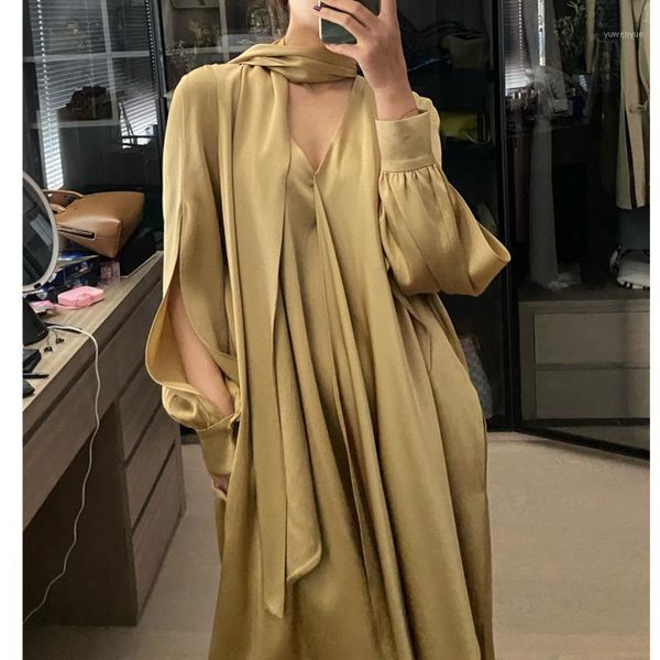 

casual dresses [ewq] korea chic autumn trend women solid color v-neck fashion temperament smooth long-sleeved split dress 2021 16w1710, Black;gray