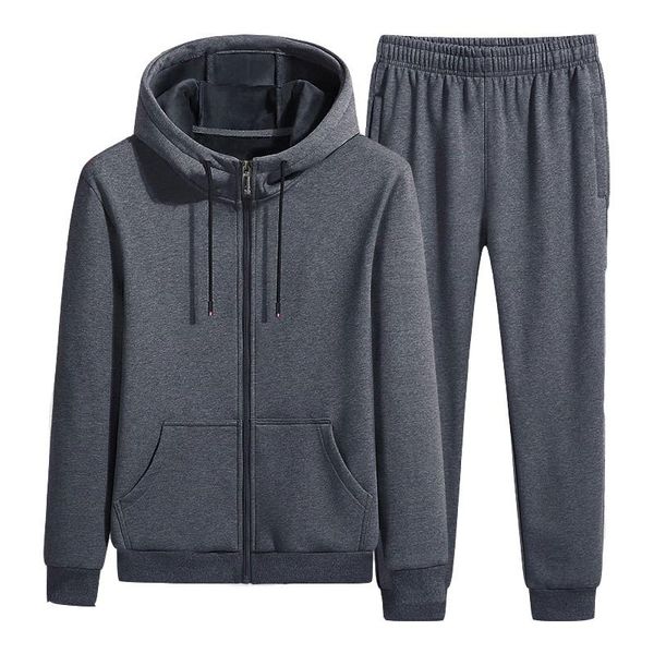 

men's tracksuits 2021 winter men plush thick hoodie solid color casual zipper coat elastic band trousers comfortable and warm boys two-, Gray
