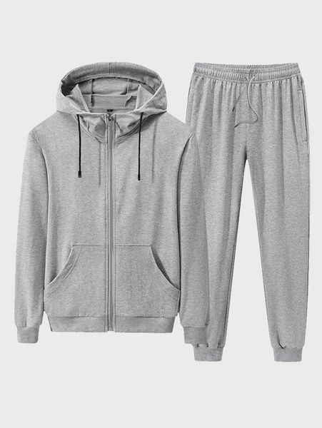 

men zip up drawstring hoodie & sweatpants 014l#, Gray