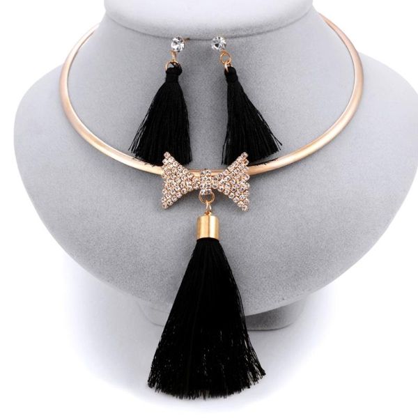 

earrings & necklace wedding jewelry set crystal bow gift for women's accessories drop gold chain tassel sets, Silver