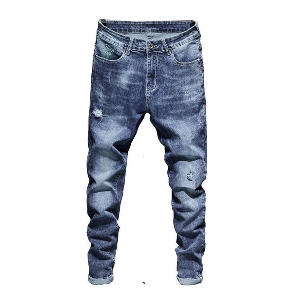

men's jeans mens slim fit stretch blue frayed ripped pants for men retro streetwear hip hop denim man revival hombre