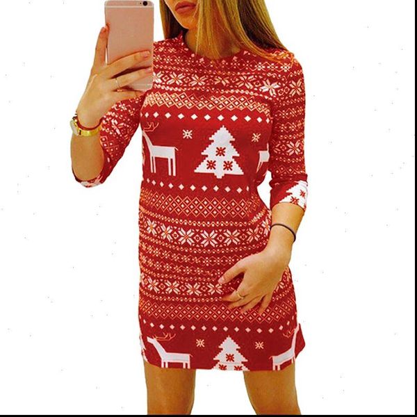 

2020 new women autumn winter christmas dress print santa reindeer tree snowflake casual xmas mini party dresses female red black, Black;gray