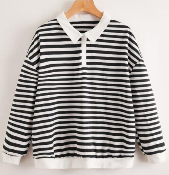 

women's hoodies & sweatshirts 2021 women sweatshirt long sleeve black white striped with button lapel korean style female loose sudader