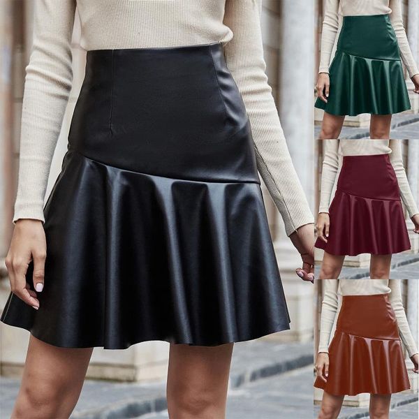 

skirts hirigin 2021 women's faux leather mini skirt elegant high waist solid color ball gown skater fashion pu short, Black