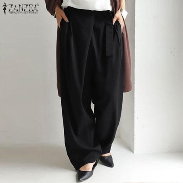 

plus size women's autumn wide leg trousers zanzea 2021 elegant solid pants casual belted straight pants female button turnip 5xl, Black;white