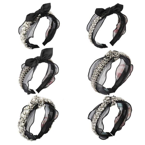 

hair clips & barrettes wedding jewelry wide headband ladies vintage faux pearl rhinestone handmade beading hoop hollow gird bowknot lace hea, Golden;silver