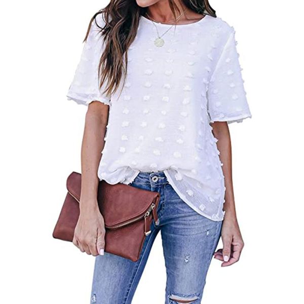 

women's blouses & shirts women o-neck chiffon white blouse summer casual short sleeve pom blusas mujer de moda womens solid