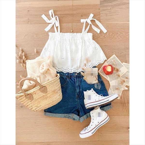 

0 6y summer lovely kids girls clothes sets ruffles sleeveless lace hollow vest blue denim shorts 2pcs, White