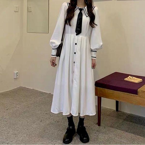 

casual dresses long sleeve white dress women preppy style sailor collar japanese streetwear vintage student uniform clothes 2021, Black;gray
