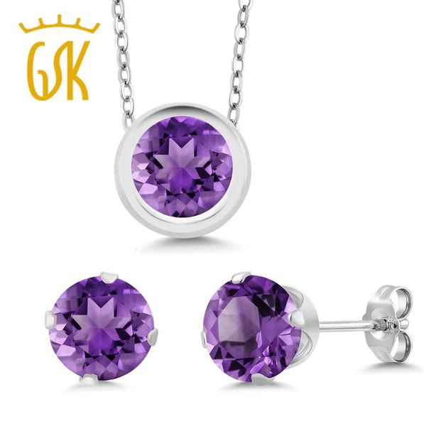 

bracelet, earrings & necklace gemstoneking 2.25 ct round natural purple amethyst jewelry set for women 925 sterling silver pendant, Black