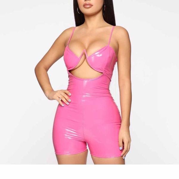 

women's jumpsuits & rompers summer women bodycon jumpsuit hollow out spaghetti straps pu leather skinny slim solid club wear sexy, Black;white