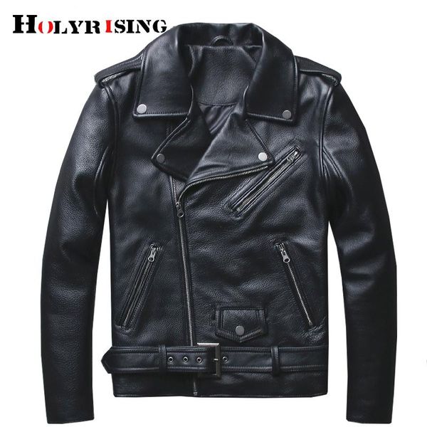 

men's leather & faux holyrising men genuine sheepskin turn collar mens jacket black zipper campera de cuero hombre size s-4xl 18709-5