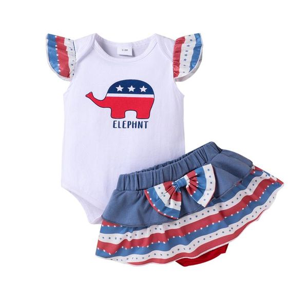

clothing sets 2pcs baby independence day outfit, elephant ruffled-sleeve romper + stripe pantskirt for infant girls, 0-12 months, White