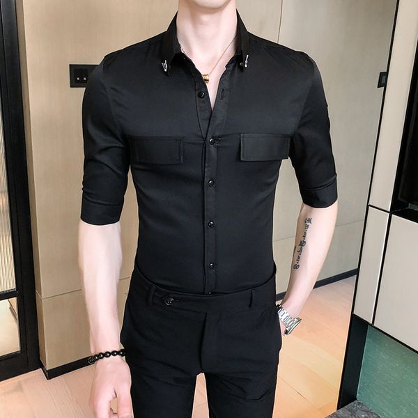 

new british 2021 personality style male shirt pockets half sleeve summer simple fine j8tc, Black;brown