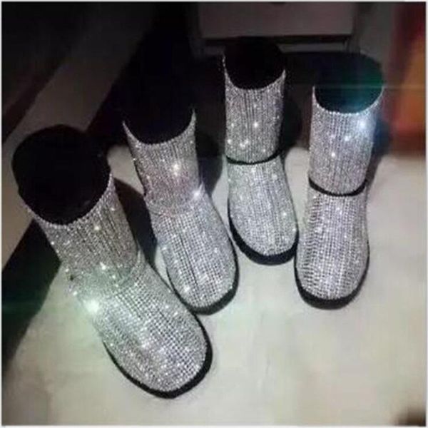 

boots bling rhinestone snow black leather crystal ankle slip-on rubber sole winter short drop ship