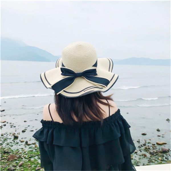 

wide brim hats bowknot big straw hat for women in summer 2021, Blue;gray