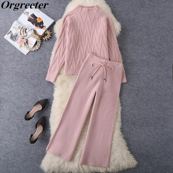 

women's two piece pants fall winter warm knitted trousers suits for women thick turtleneck jacquard pullover sweater and wide leg 2 set, White