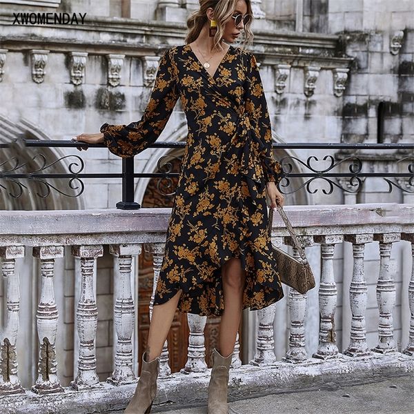 

long dress autumn winter vintage floral flower print long sleeve ruffle woman clothes elegant ladies dresses new arrival 210309, Black;gray