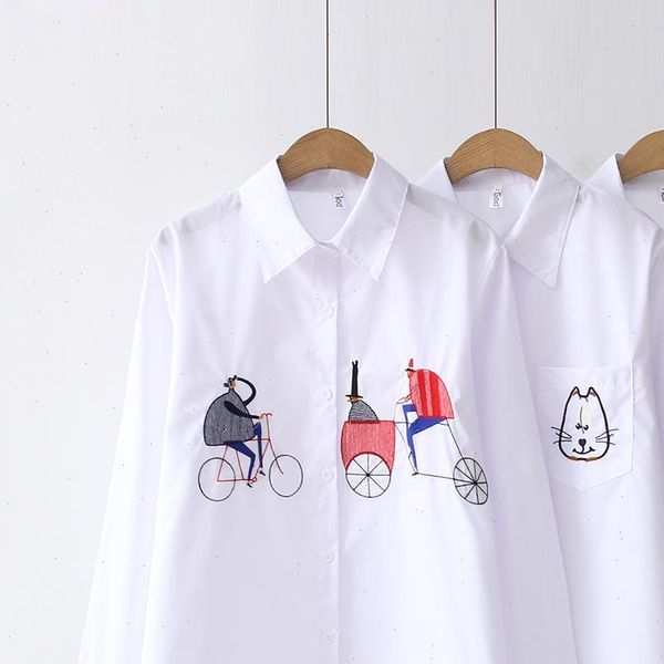 

2021 spring cotton women blouse embroidery shirt streetwear female loose long sleeve casual shirts ladies clothes blusas, White