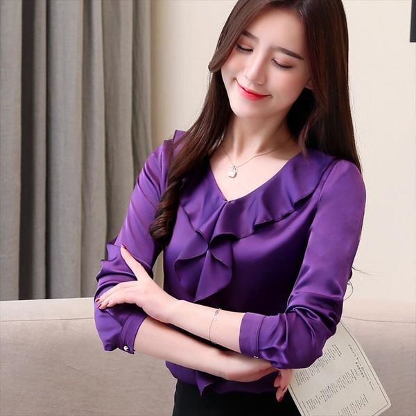 

autumn korean fashion silk satin women shirt long sleeve purple loose blusas femininas elegante womens, White