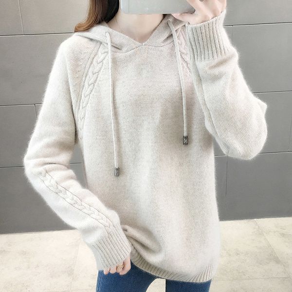 

lucyever pullover women sweater loose knitted hooded long sleeve jumper thick solid ladies sweater casual winter 210218, White;black