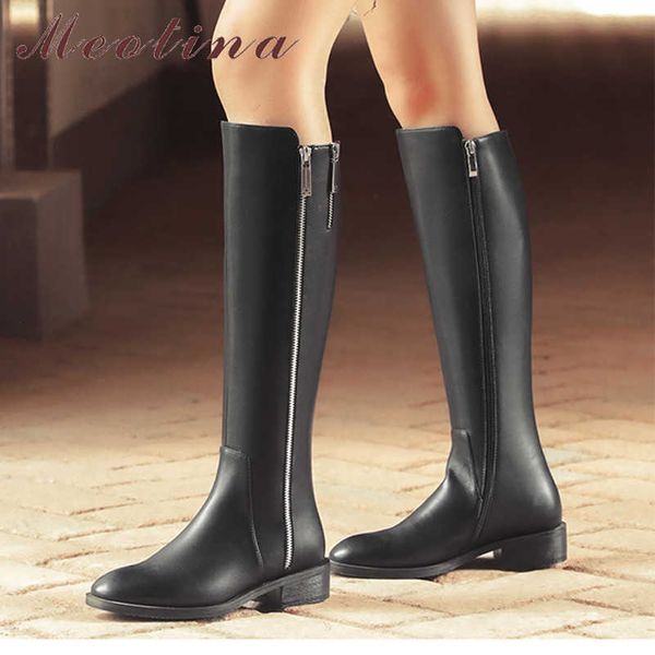 

meotina genuine leather mid heel knee high boots women riding boots shoes round toe zipper block heels long boots ladies black 210608