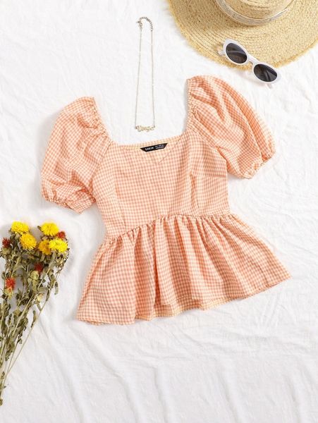 

puff sleeve ruffle hem gingham blouse i2w6#, White