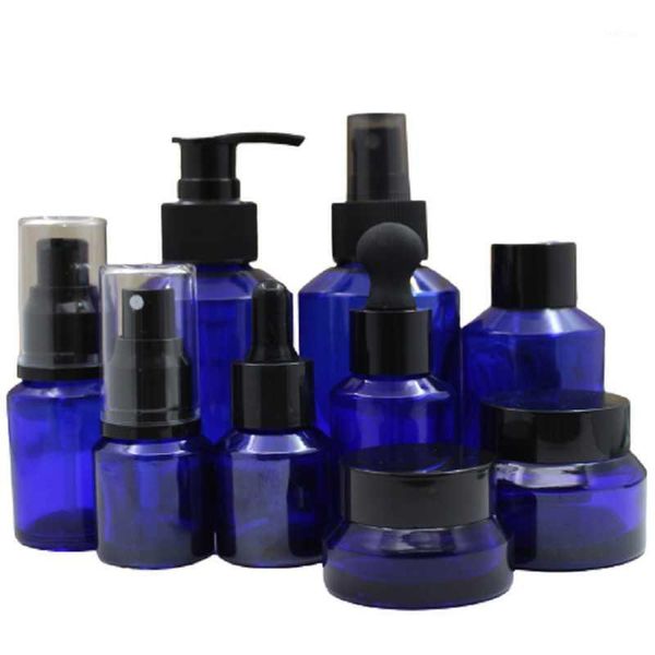 

storage bottles & jars 15g 30g 50g empty blue glass cream jar 30ml 15ml dropper essential oil vial 60ml 100ml spray lotion pump toner refill
