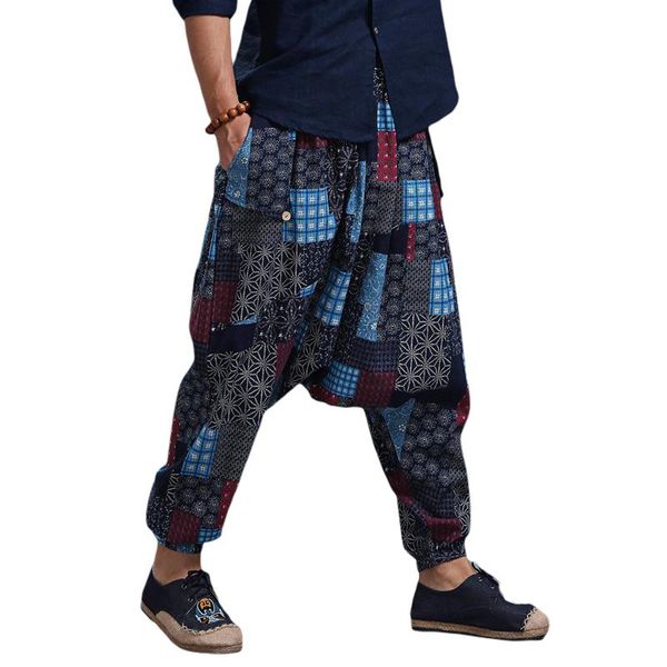 

men soft and comfortable loose cotton and linen c pants fashion print mid-waist design loose version summer thai harem pants, Black