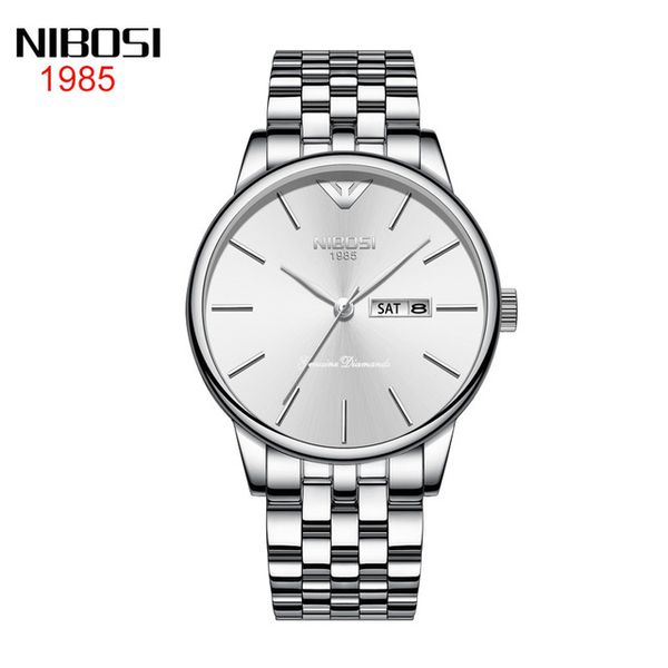 

7 style nibosi silver double calendar solid steel watch butterfly button depth waterproof men's watch wholesale 40mm silver dail, Slivery;brown