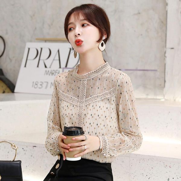 

women's blouses & shirts women spring autumn style chiffon lady casual long sleeve o-neck polka dot printed blusas ol b-01, White