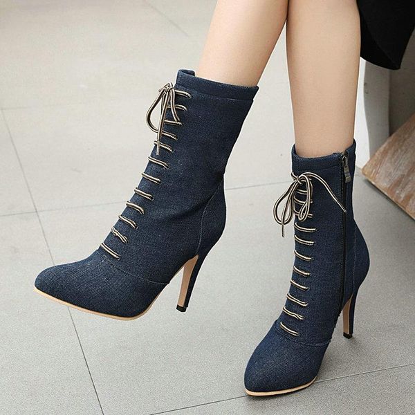 

boots 2021 lady hit color short t-shaped strapped pointed stiletto high-heel denim zipper autumn winter women's shoes, Black