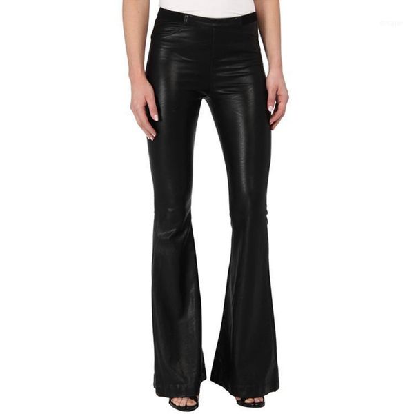 

women's pants & capris fashion brand longer length water wash pu leather flare female street punk raise hip ws thin wq761 dropship, Black;white