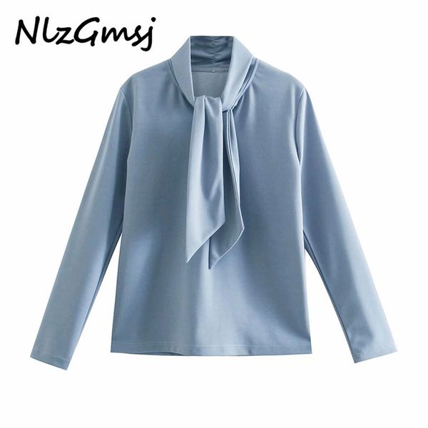 

blouse women fashion stand collar knotted solid casual smock female lady loose blusas 210628, White