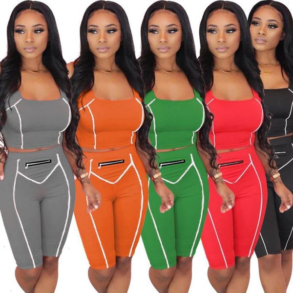 

women sporty striped splicing two pieces sets summer tracksuits tank knee length skinny leggings pants suit fitness outfits, Gray